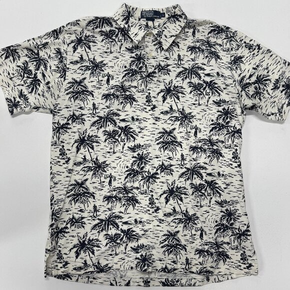 Polo Ralph Lauren Hawaiian Camp Polo Shirt Mens Large White Palm Trees AOP - Picture 1 of 9